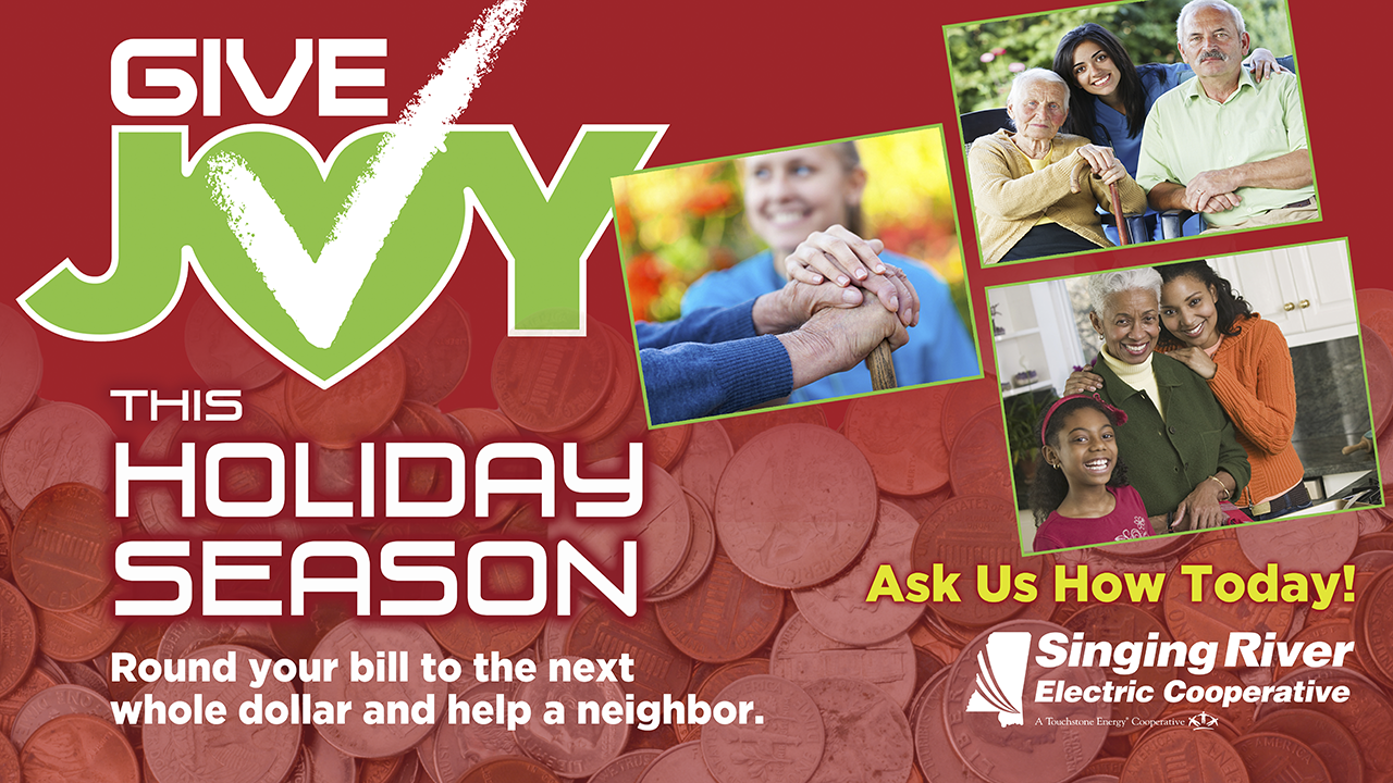 GIVE JOY Monitor Graphic describing GIVE JOY campaign. Asking members to round up their power bill to help neighbors in need.