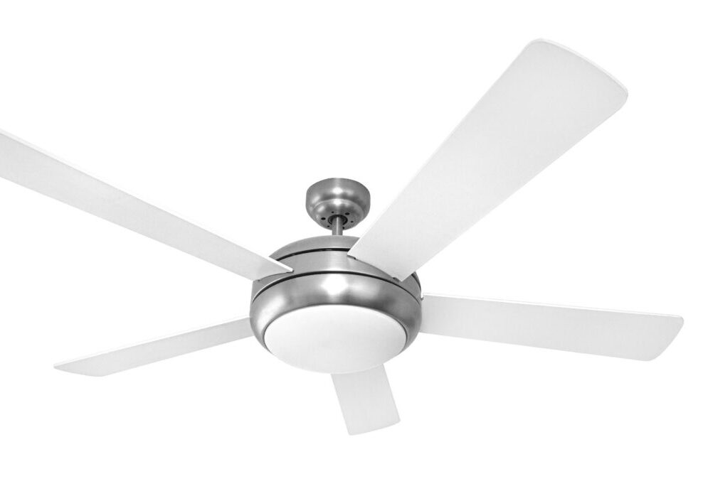 Modern white and silver ceiling fan with light rotating, providing ventilation and illumination